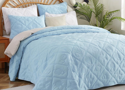 EVENHUG Coastal Quilt Set Twin Size Reversible Summer Ocean Beach Themed Bedding with Pillow Shams Lightweight Blue Nautical Coral Seahorse Bedspread Coverlet for All Season 2 Piece (68''x86'')