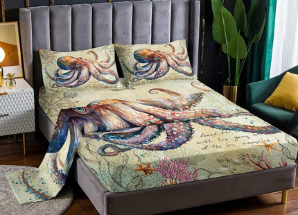 XYNHML Retro Octopus Fitted Sheet Set Queen 4Pcs Nautical Coastal Compass Quilt Bed Sheet Starfish Jellyfish Seaweed Bedding Set for Boy Teen Adult Includes 1 Fitted Sheet,1 Flat Sheet,2 Pillowcases