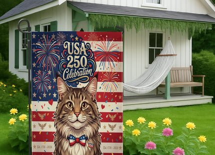 250 Years Maine Coons Cats Front Yard Backyard Burlap Garden Flags 12x18 Double Sided for Outside, 4th of July Patriotic Pattern Small Lawn Flags, American Home Outdoor House Flags