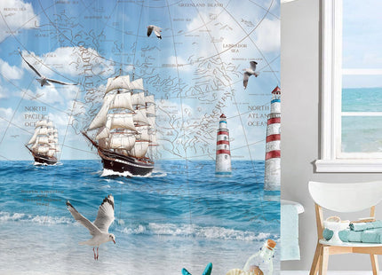 Jipusai Nautical Coastal Shower Curtain, Lighthouse Ocean Beach Shower Curtains for Bathroom, Seashell Starfish Sailboat Beach Theme Fabric Waterproof Bath Curtain Decor with Hooks,60X70IN Blue