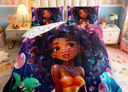Erosebridal Afro-American Girl Twin Comforter Set for Little Girl,Afro Kid Princess Melanin Bedding Set,Ocean Fish Toddlers American Black Girls Quilt for Girls Bedroom