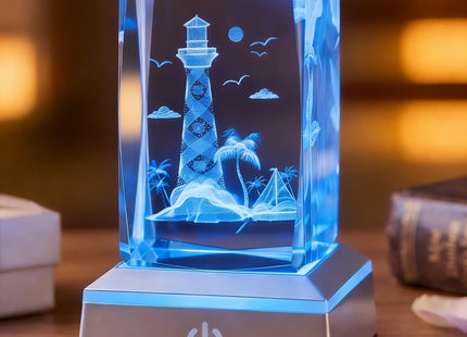 vskikris 3D Laser Crystal Lighthouse Seabird Coast Cube with LED Stand Base - 3D Engraving Light House Decorations for Home Lighthouse Gifts - Crystal Night Lamp with Adjustable LED Lights