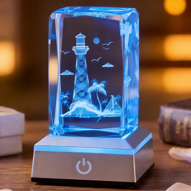 vskikris 3D Laser Crystal Lighthouse Seabird Coast Cube with LED Stand Base - 3D Engraving Light House Decorations for Home Lighthouse Gifts - Crystal Night Lamp with Adjustable LED Lights