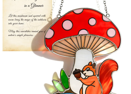 Squirrel Mushroom Stained Glass Suncatcher for Window Hanging Ornaments Animals Theme Glass Art Sun Catcher Home Decor Handmade Funny Mushroom Squirrel Gifts for Squirrel Lovers