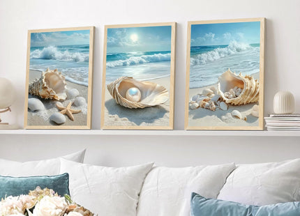 SYWENNOI Triptych Coastal Shell Pearl Framed Canvas Wall Art 12x16 inch x3