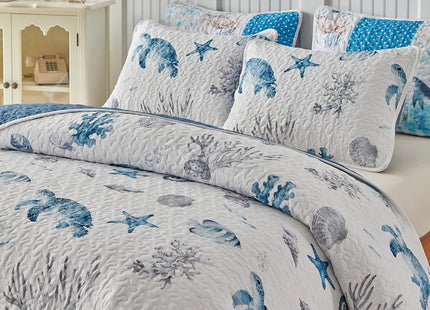 Coastal Quilt Sets King Size - Reversible Microfiber Dolphin Turtle Ocean Style Quilts with 2 Shams Soft Lightweight Beach Bedding Nautical Bedspread Coverlet Summer Comforter for All Season