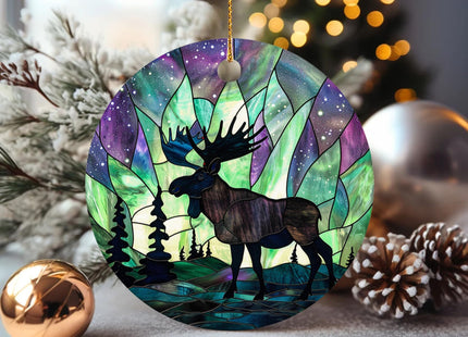 HYPESTYLE Northern Lights Christmas Moose Ornament, Holiday Present Idea, Heirloom Keepsake, Round Ceramic Ornament for Tree, Winter Reindeer Decoration