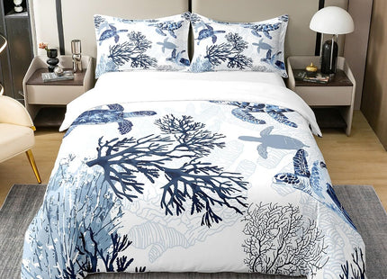 100% Cotton Turtle Duvet Cover - Twin, White Blue Sea Turtle Bedding Set for Kids, Nautical Coastal Tortoise Comforter, Ocean Beach Sea Animal Summer Quilt
