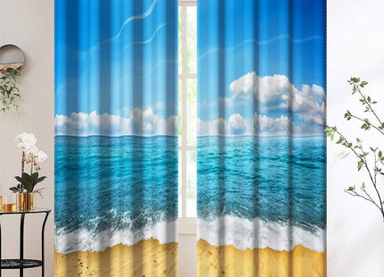 Renaiss Coastal Scenery Blackout Curtains Blue Sky Ocean Seaside Sandy Beach Seashore Theme with Foamy Waves Bedroom Living Room Window Drapes 84L x 53W Set of 2 Panels