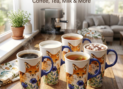 TZSSP 17oz Ceramic Travel Mug with Flip Lid & Handle, Red Fox & Blue Poppy