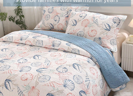 SUCSES 100% Cotton Coastal Quilts Bedding 3Pcs King Ocean Blue Quilt Nautical Conch Summer Comforter Reversible Lightweight Bedspread Coverlet with 2 Pillow Shams for All Season