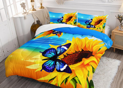 Sunflower Butterfly Comforter Set 3Pcs Twin Ocean Beach Theme Bedding Set