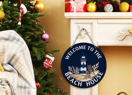 PHAMTE Coastal Beach House Round Wreath Sign, Navy Blue Nautical Lighthouse Wall Hanging Plaque Wood Sign, Welcome to the Beach House Decor Decorations for Wall Pediments Door Porch Room 12 Inch