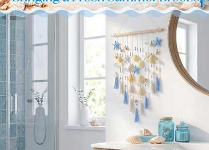 Wenqik Beach Coastal Wall Decor Handmade Ocean Themed 15.75 Inch Boho Wall Art with Starfish Seashells Blue White Beaded Tassel Hanging on Wooden Rod for Farmhouse Bathroom Bedroom Kitchen Dining Room