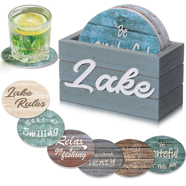 Queekay 6 Set Lake Theme Coasters with Holder for Drinks, Lake Lovers House Gifts, 4'' Wooden Coasters with Sayings House Warming Gifts New Home for Bar Coffee Table Decorations(Classic Color)