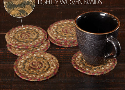 VHC Brands Tea Cabin Jute Coaster Set of 6 Log Cabin Country Rustic Lodge Kitchen Tabletop Design, Moss Green and Deep Red