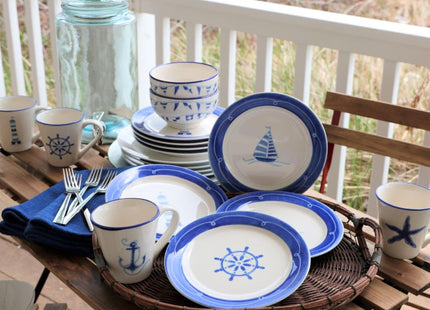 Euro Ceramica Ahoy Collection Nautical 8.7" Ceramic Salad/Dessert Plates, Set of 4, Assorted Designs, Blue & White