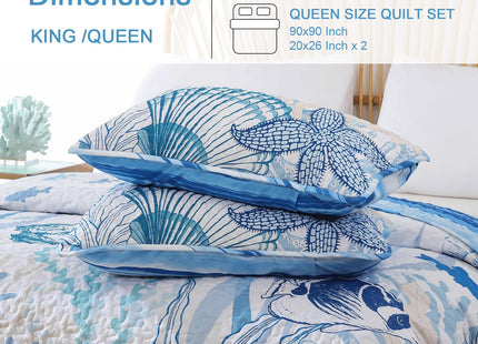 DJY Ocean Coastal Quilt King Size, 3 Pcs Beach Theme Bedspread Coverlet Set