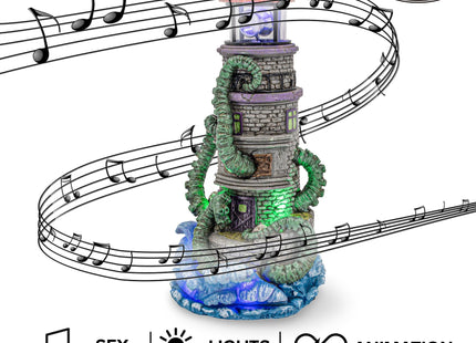 FG Square Lighthouse Attack Kraken Theme Spooky Halloween Village Multi-Color LED Lights, Animated Rotating Food Light and Music 6" x 5.5" x 12"