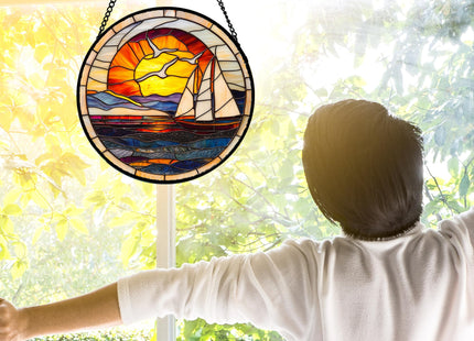 Ocean Sailboat At Sunset Stained Glass Window Hanging Suncatcher Gifts 7.8"