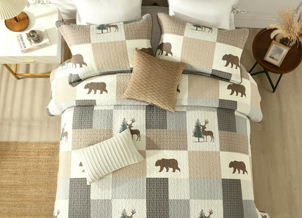 EWlinens Queen Quilt Set - 100% Cotton Quilt Queen Size, Farmhouse Animals Patchwork Plaid Queen Quilts Bedding Set, Forest Rustic Lightweight Comforter for Queen Bed, Green/Brown/Beige, 3 Pieces