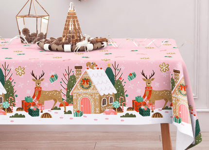 Christmas Tablecloth Pink Gingerbread House Reindeer Table Cover 52 x 70 Inch Xmas Table Cloth for Winter Holiday Birthday Party Supplies Decoration