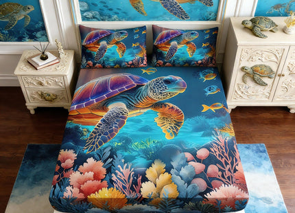 UEVBF Coastal Turtle Bedding Set Twin Size,1 Fitted Sheet+2 Pillowcases.