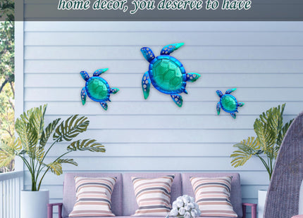 JOYBee Sea Turtle Wall Art Decor, Metal & Glass Sea Life Nautical Home Wall Hanging Decor,Ocean Theme Coastal Decorations for Indoor Outdoor Bathroom and Garden-Blue（Set of 3）