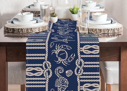 Croar Navy Blue Nautical Dining Table Runner, Coastal Beach Ropes Starfish