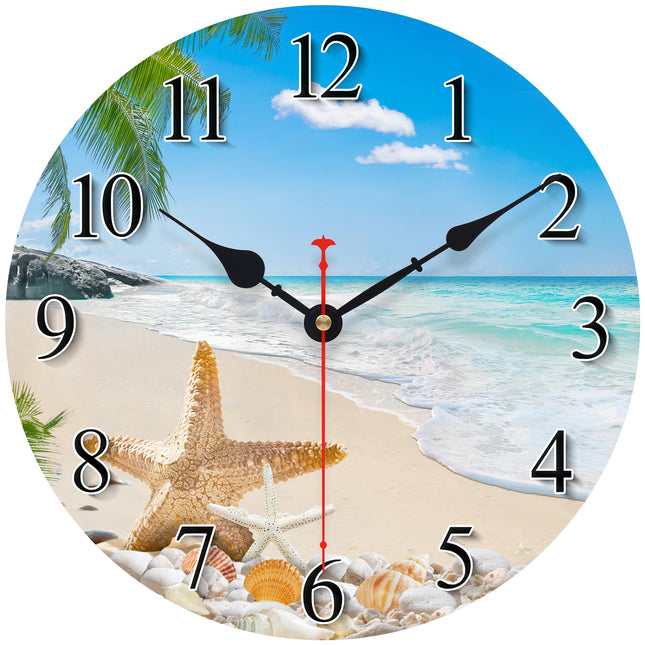 Toudorp 8in Coastal Beach Wall Clock Starfish Seashell Silent Palm Kitchen Home Decor