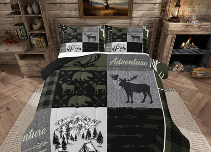 Hunting Rustic Lodge Comforter Set Twin, Deer Bear Patchwork Bedding Set Retro Cabin Lodge Quilt For Kids Teens Adult Men, Christmas Camping Moose Elk Duvet Insert,1 Pillow Case,Grey Black