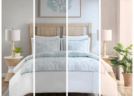 Harbor House 100% Cotton Duvet Cover, Embroidered Coastal Seashells, Starfish Duvet Cover Set – Light Weight Bed Comforter Covers, Maya Bay White Blue Full/Queen (90"x90") 3 Piece