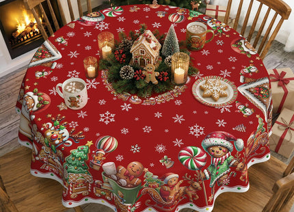 ZORKET Red Round Christmas Gingerbread Tablecloth 70 Inch, Waterproof Machine Washable Fabric Polyester Christmas Table Cloths Round Gingerbread Xmas Holiday Tablecloths for Kitchen Dining Party