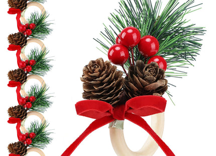 Christmas Napkin Rings with Pinecone & Velvet Bow - Rustic Wooden Napkin Cloth Holders Rings for Dinner Table Decor, Xmas Holiday Party Wedding Decorations, Set of 6