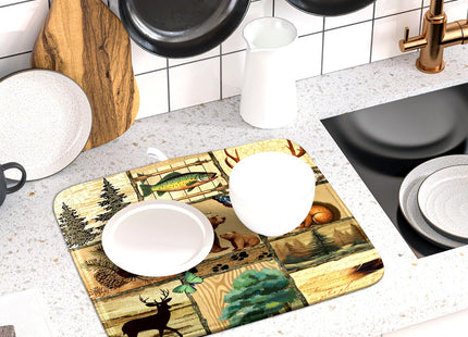 Rustic Cabin Dish Drying Mat - Forest Bear Moose Wildlife Drainer Mat 16x18 Wild Animal Dishes Pad Pine Tree Dish Drainer Rack Retro Butterflies Fish Mats for Counter
