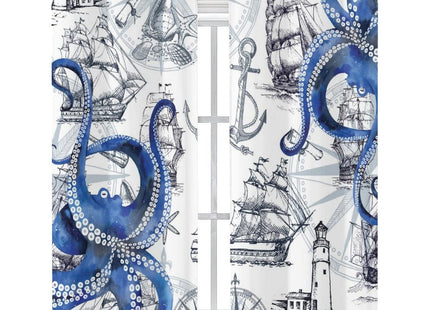 Cool Octopus Blackout Curtains - Retro Anime Nautical Theme Sailboat Lighthouse Blue Octopus Grommet Window Treatment Set Energy Saving Thermal Insulated Drapes for Living Room,2 Panels 63L x 21W