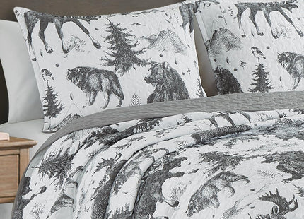 Chezmoi Collection Denver 3-Piece Southwestern Lodge Quilt Set King - White Black Gray Grizzly Bear Wolves Moose Pine Tree Mountain Printed Microfiber Lightweight Bedspread Set for All Season