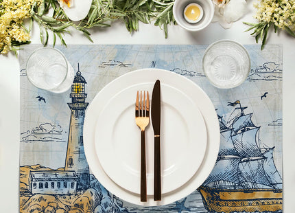 Nautical Placemats Set of, Retro Compass Lighthouse Anchor Sail Boat Ocean Theme Placemat Heat Resistant Washable Place Mats for 4 for Party Home Dining Tables Decor