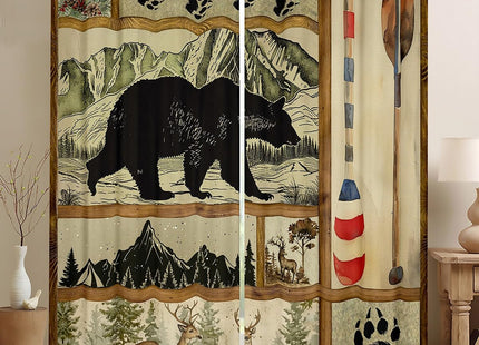 Farmhouse Hunting Bear 100% Blackout Curtains, Lake House Decor Curtains, Retro Woodland Lake Paddle Window Treatments, Deer Moose Wildlife Curtains Drapes, Buffalo Grid Darkening Curtains 42"X63"
