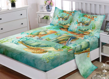 XYNHML Sea Turtle Fitted Sheet Retro Tortoise Bed Sheet Set Reptile Sea Animals Wildlife Bed Cover for Teens Adult Includes 1 Fitted Sheet,1 Flat Sheet,2 Pillowcases