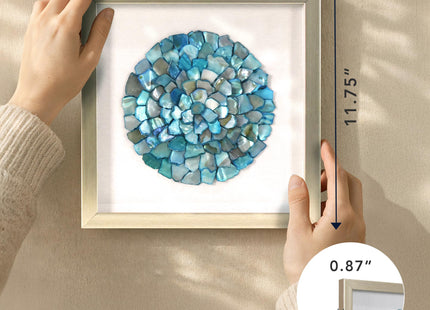 American Art Decor Sea Glass Shadowbox Set - 2-pc Aqua Teal Turquoise Round Seashell Wall Art, Champagne Frame on White Linen - Coastal Wall Decor for Living Room Bedroom Bathroom Office