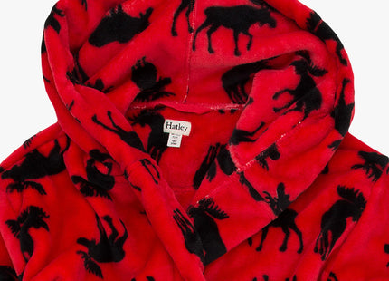 Little Blue House Unisex Fleece Robe, Moose On Red, Large