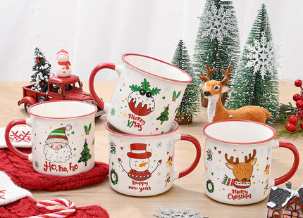 YHRJWN Christmas Mugs Set of 4, Festive Design Coffee Mugs with Santa Snowman Reindeer, Holiday Mugs for Hot Cocoa, Gifts for Family Friends, Holiday Decor, 13 Oz