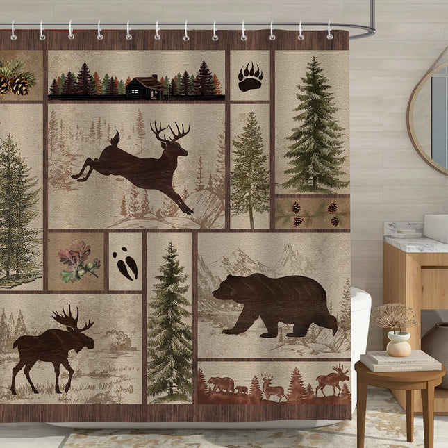 Bonhause Rustic Cabin Shower Curtain, Farmhouse Woodland Bear Deer Country Bathroom Decor 72x72 Inch Polyester Fabric Waterproof Bath Curtain with 12 Hooks