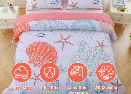 Heymybed Coastal Quilt Set King Size Beach Coverlet Pink Starfish Coral Seashell Bedspread Ocean Beach Themed Bed Cover Microfiber Soft Lightweight Bedding Sets for All Seasons (106"×92")