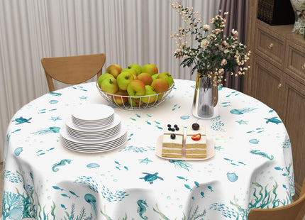 Ancordivo Summer Coastal Round Tablecloth 60 Inch Nautical Sea Turtle Seaweed Jellyfish Polyester Table Cloth Rustic Farmhouse Beach Theme Table Cover for Kitchen Dinner Party Decor