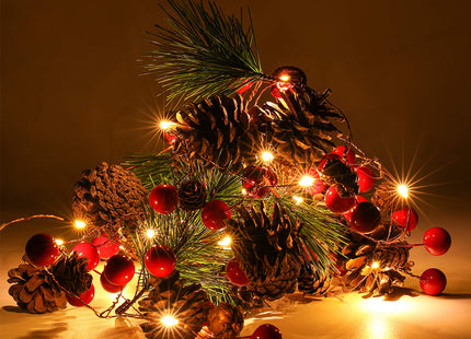 Luditek Christmas Garland with Lights, Red Berry Pine Cone 6.5FT 20 LED Garland Lights Battery Operated, led Garland String Lights, Christmas Decorations Indoor for Home Fireplace Mantel Xmas Decor