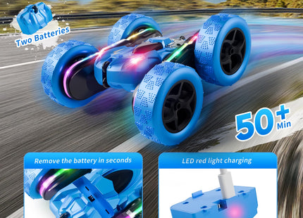 Zalneo Remote Control Stunt Car 4WD 360° Flip Double‑Sided RC Cars, LED Light Bar, USB‑C Modular Battery, 2.4 GHz Outdoor Beach Toy for Boys 6‑12 Years Old, Birthday & Christmas Kids Gift, Blue