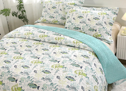 WINLIFE 100% Cotton Coastal Quilt Set Queen Size 90''x98'', Aqua Green Fish