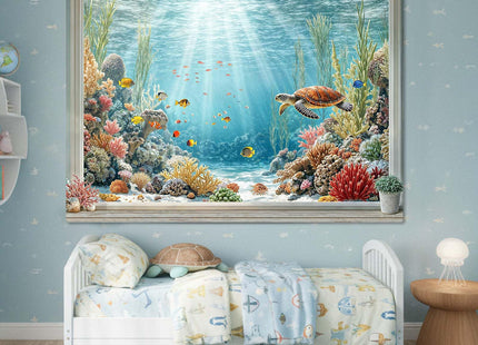 Lifeella Under the Sea Window Tapestry, Coastal Turtle Ocean Mural, Nautical Wall Backdrop for Bedroom Dorm Living Room Decor, 36x48 inches
